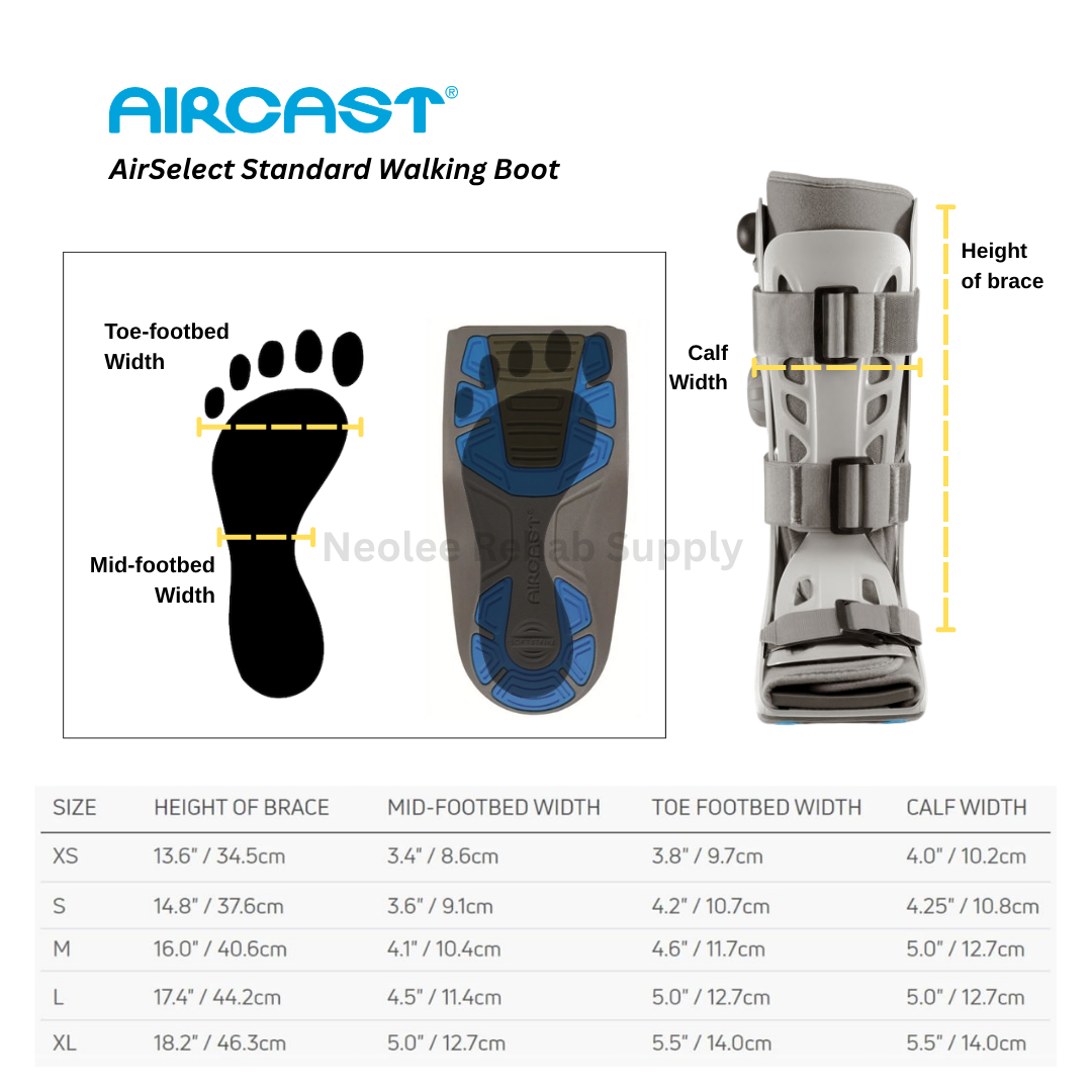 Aircast AirSelect standard walker boot size chart designed for reliable support, protection, and comfort during foot and ankle injury recovery.