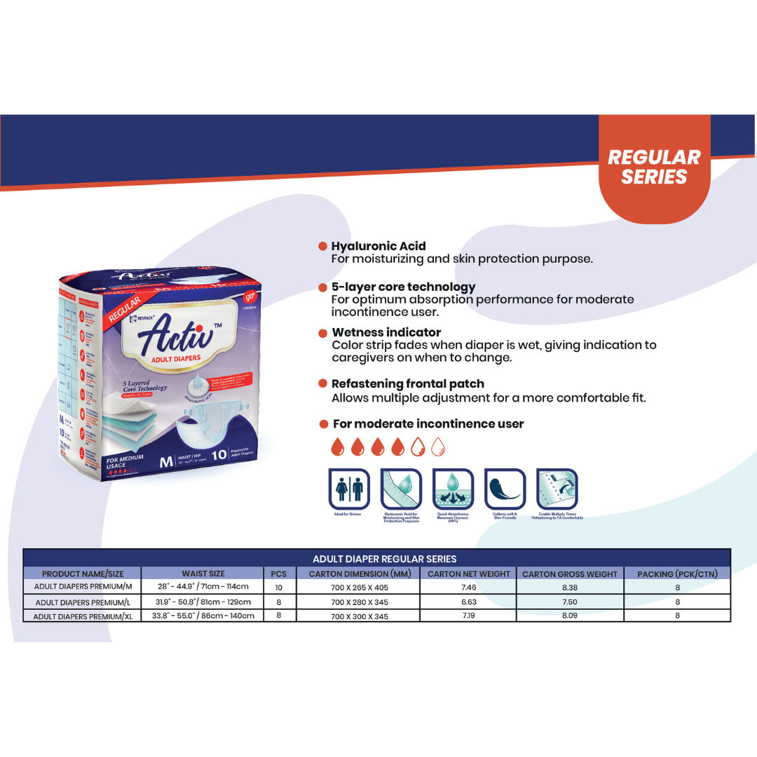 Activ REGULAR adult diapers measurement sizing chart