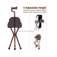 Adjustable tripod cane seat with five-level height adjustment, ergonomic handle, anti-slip feet, and portable folding seat for elderly users and everyday mobility support.