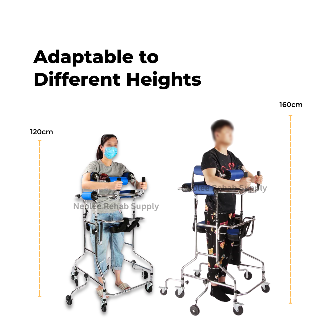 Adjustable height infographic for the adult hemiplegia rehabilitation walker showing suitability for users between 120cm and 160cm tall with customizable support settings.