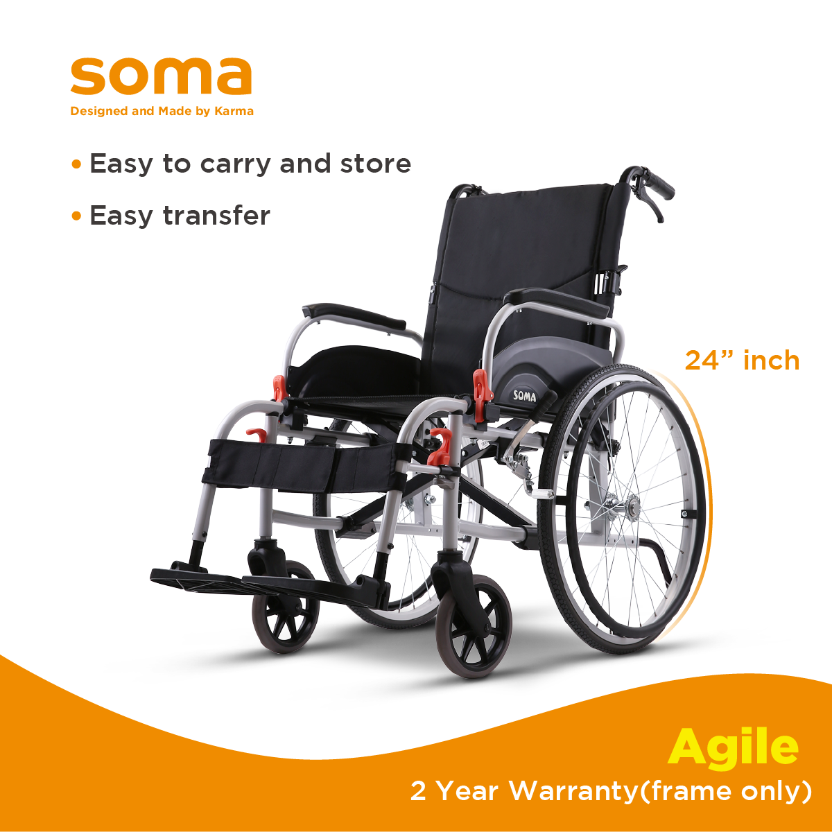 Soma Agile lightweight DAF wheelchair with foldable frame and detachable footrests for easy transport and daily mobility support.