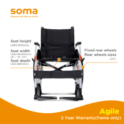 front view of Soma Agile lightweight wheelchair showing fixed rear wheels, seat design, and durable mobility frame.