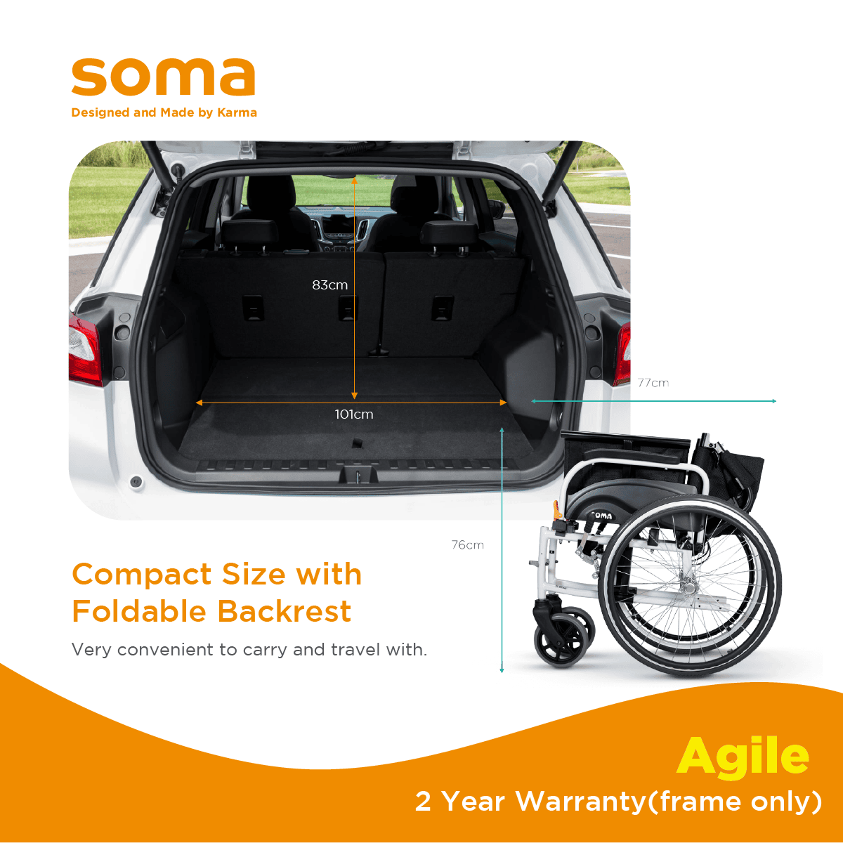 Soma Agile wheelchair folded compactly for easy storage and transport in a vehicle boot.