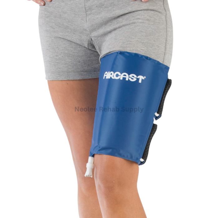 Close-up of Aircast cryo cuff wrapped around upper thigh providing targeted cold compression therapy for muscle pain and inflammation relief.