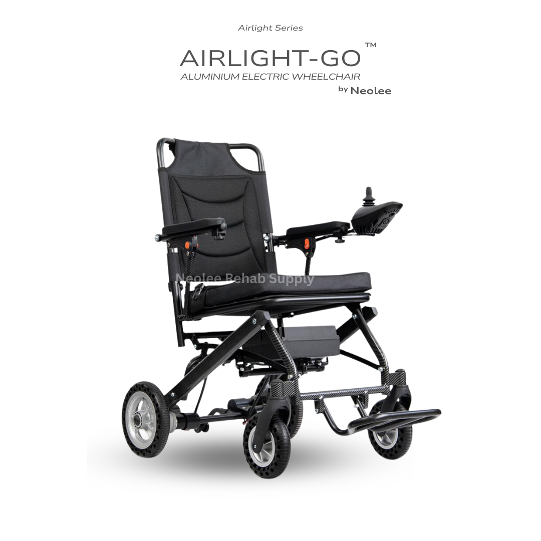 Front angled view of the Airlight-GO Aluminium Electric Wheelchair featuring a lightweight foldable aluminium frame, joystick controller, padded seat, and compact powered mobility design.
