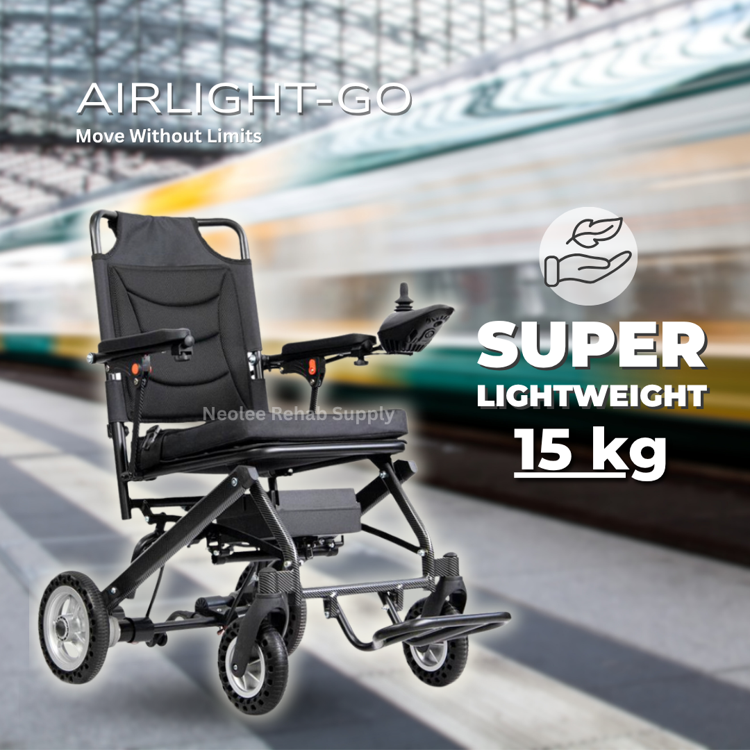 Airlight-GO Aluminium Electric Wheelchair advertisement showcasing ultra lightweight 15 kg construction for easy transport and portable powered mobility.