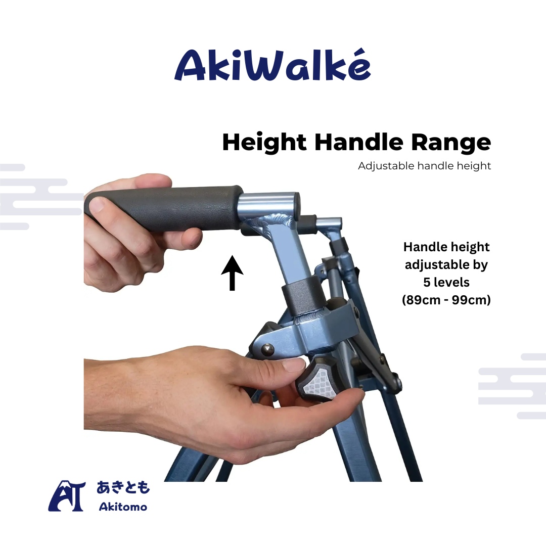 Close-up demonstration of the AkiWalké walker’s adjustable handle height mechanism with multiple height settings for customized ergonomic support.