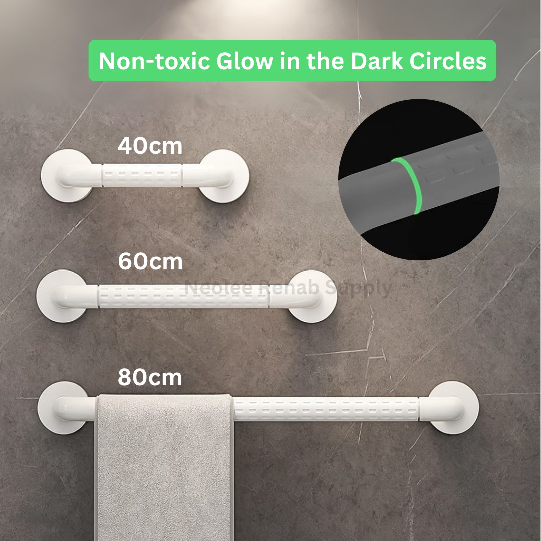 Glow-in-the-dark bathroom safety grab bars in 40cm, 60cm, and 80cm sizes with luminous guide rings for enhanced nighttime visibility and safer bathroom navigation.