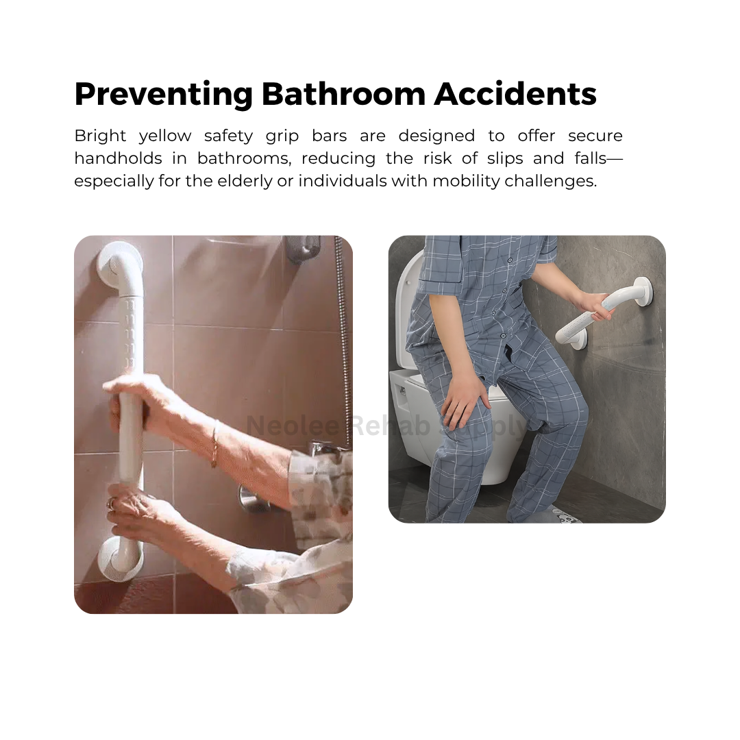 Bathroom safety grab bars installed in shower and toilet areas to help prevent slips and falls while providing secure hand support for elderly and disabled users.
