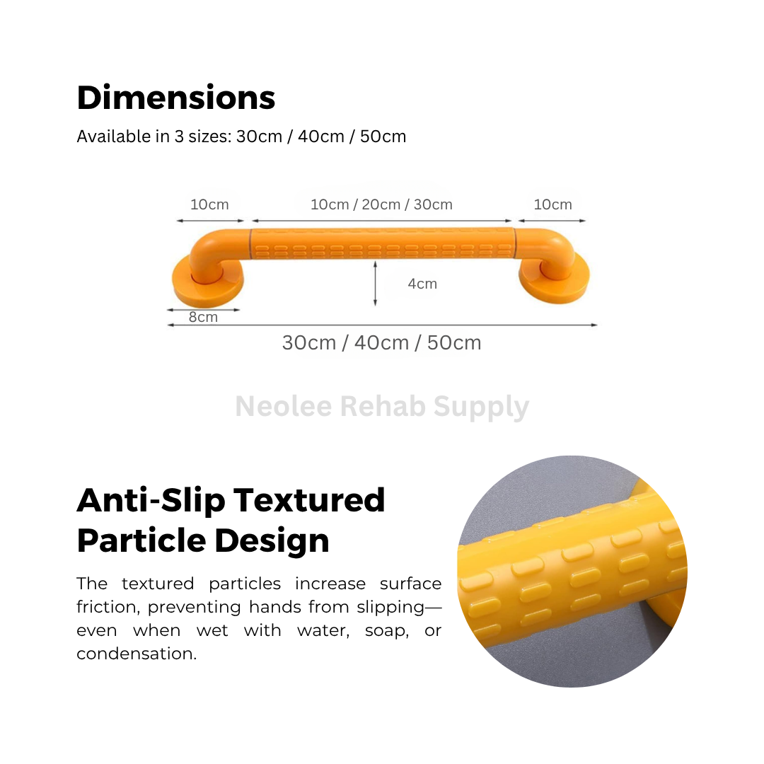 Bathroom safety grip bar featuring anti-slip textured surface and available sizes of 30cm, 40cm, and 50cm for enhanced bathroom mobility and fall prevention support.