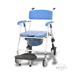 Front angled view of Beluga shower commode chair by Neolee with padded blue seat, foldable footrest, and lockable caster wheels for elderly and disabled users.