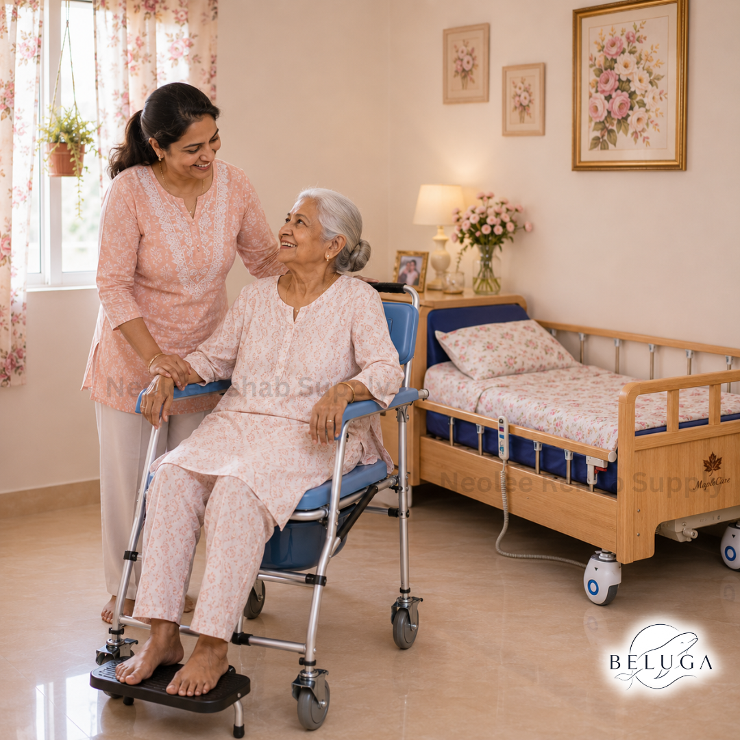 Caregiver assisting elderly woman using Beluga shower commode chair by Neolee beside a hospital bed, demonstrating mobility and transfer support.
