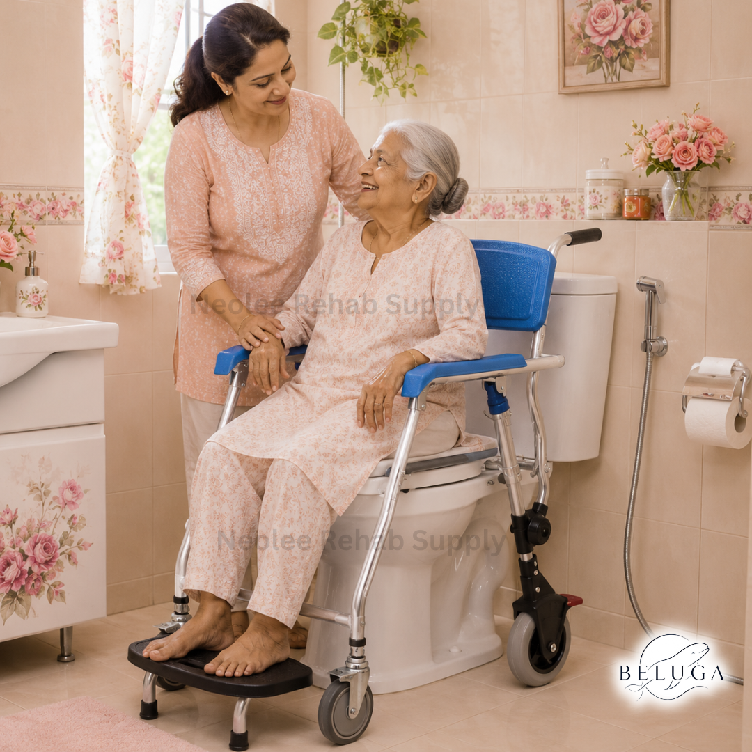 Elderly woman seated on Beluga commode chair by Neolee in a bathroom setting with caregiver support for safe toileting and shower assistance.