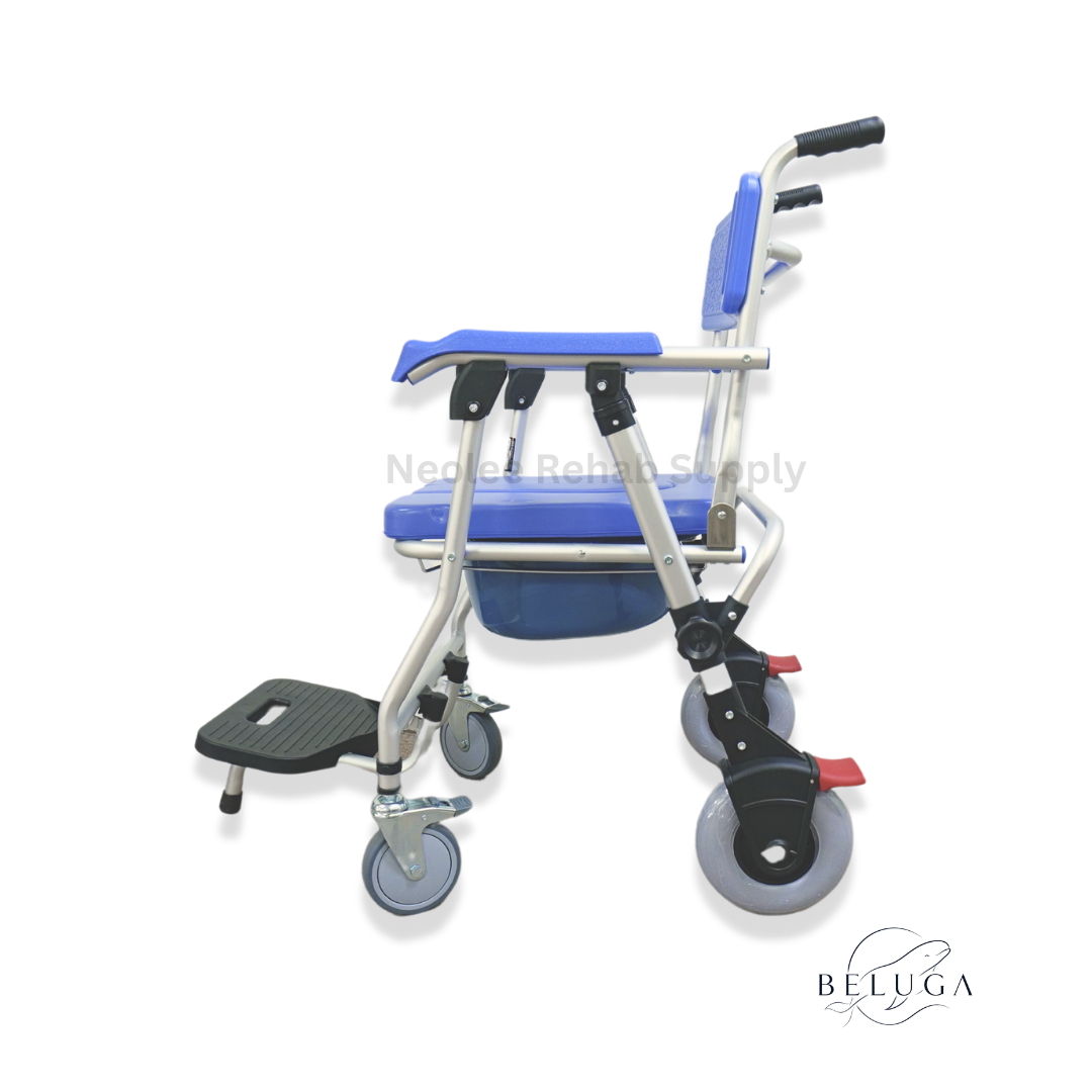 Side view of Beluga shower commode chair by Neolee with padded waterproof seat, removable bucket, foldable footrest, and large rear mobility wheels.
