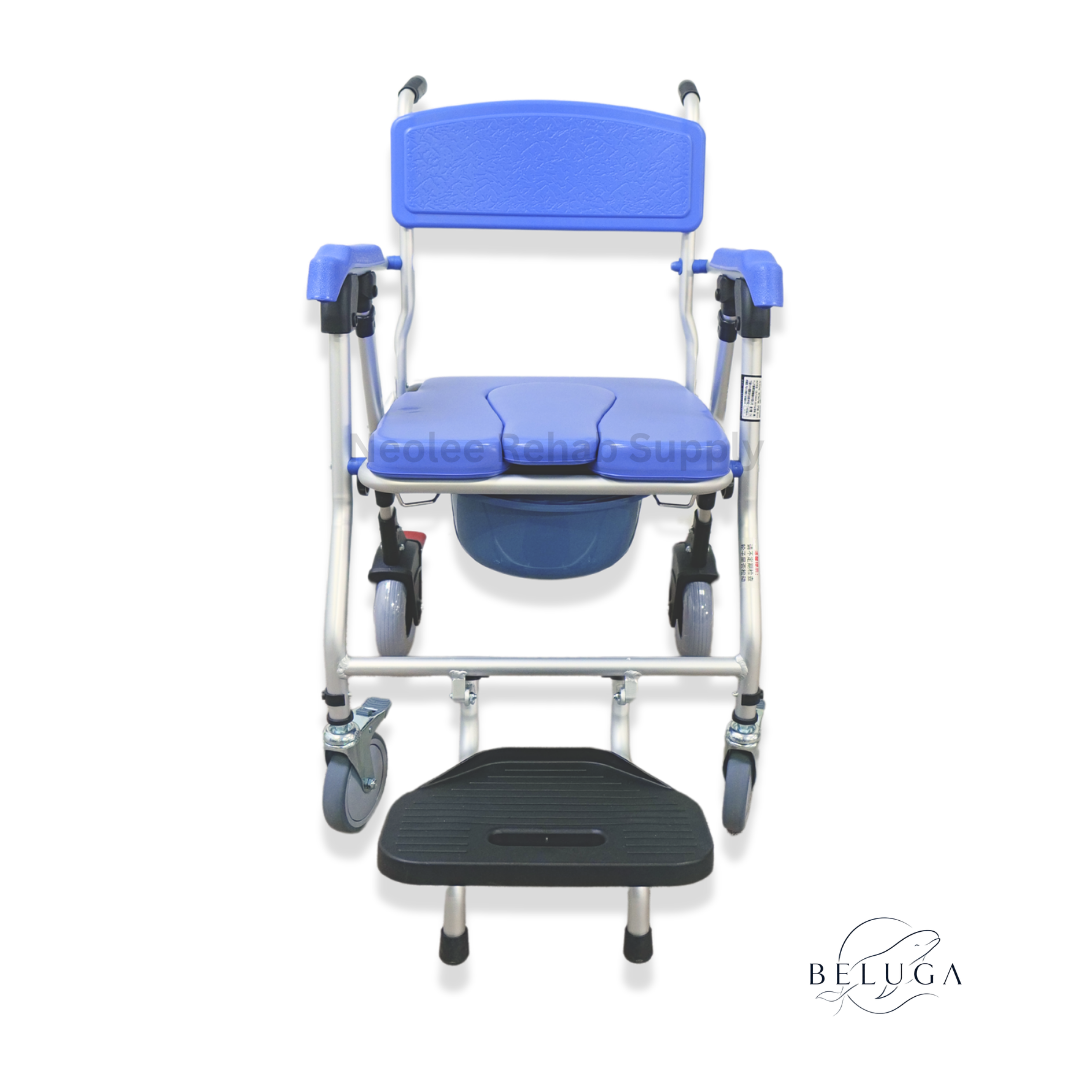 Front view of Beluga commode wheelchair by Neolee featuring ergonomic blue backrest, padded seat, removable commode bucket, and detachable footplate.