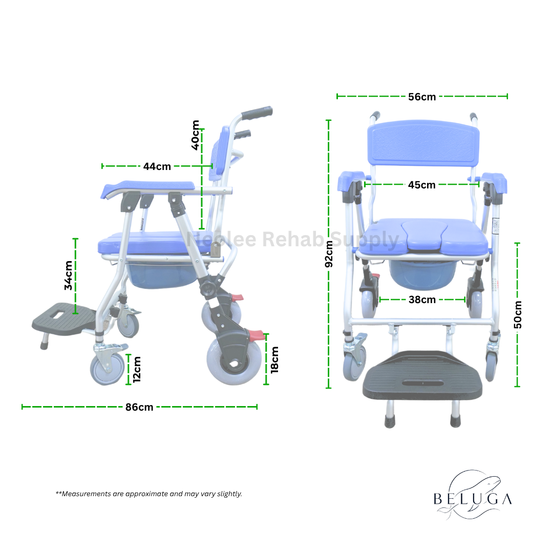 Dimension chart for Beluga shower commode chair by Neolee showing overall width, height, seat dimensions, and footrest measurements.