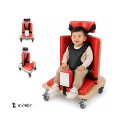 Joyride pediatric corner chair by Neolee with padded postural support seat, curved backrest, safety harness, and caster wheels for children with special needs.