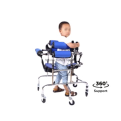 Rear side view of a child using a rehabilitation walker with adjustable chest support and stable wheeled frame, designed for posture correction, balance training, and walking assistance.