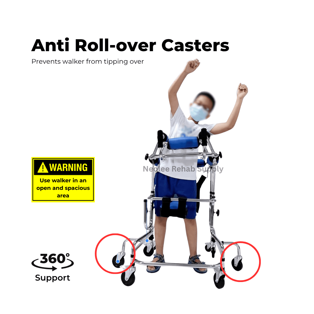 Child demonstrating the anti-rollover castor feature of the hemiplegia rehabilitation walker, providing 360-degree support and enhanced stability during gait training and mobility exercises.