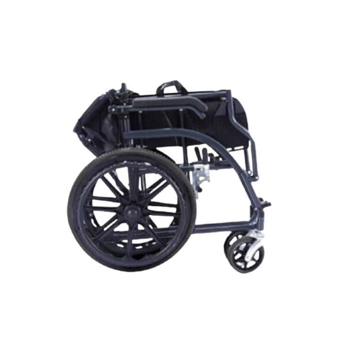 Folded deluxe compact wheelchair showing compact storage design, lightweight steel frame, rear wheels, and portable travel-friendly construction.