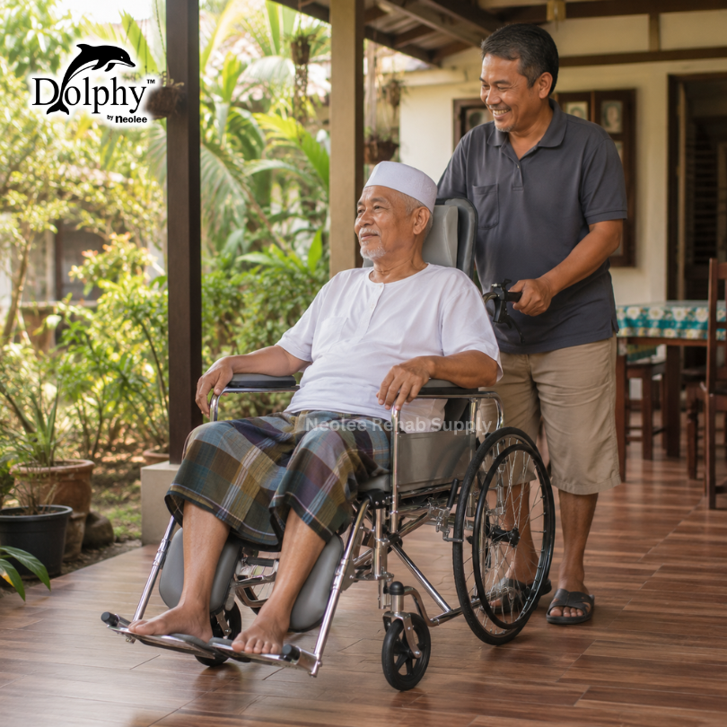 A middle-aged Malay male caretaker gently pushes an elderly Malay man seated in a Dolphy Reclining Wheelchair along a shaded porch of a modern traditional Malaysian home. The elderly man wears a white t-shirt and sarong, looking relaxed and content as warm sunlight filters through hanging plants and garden greenery.