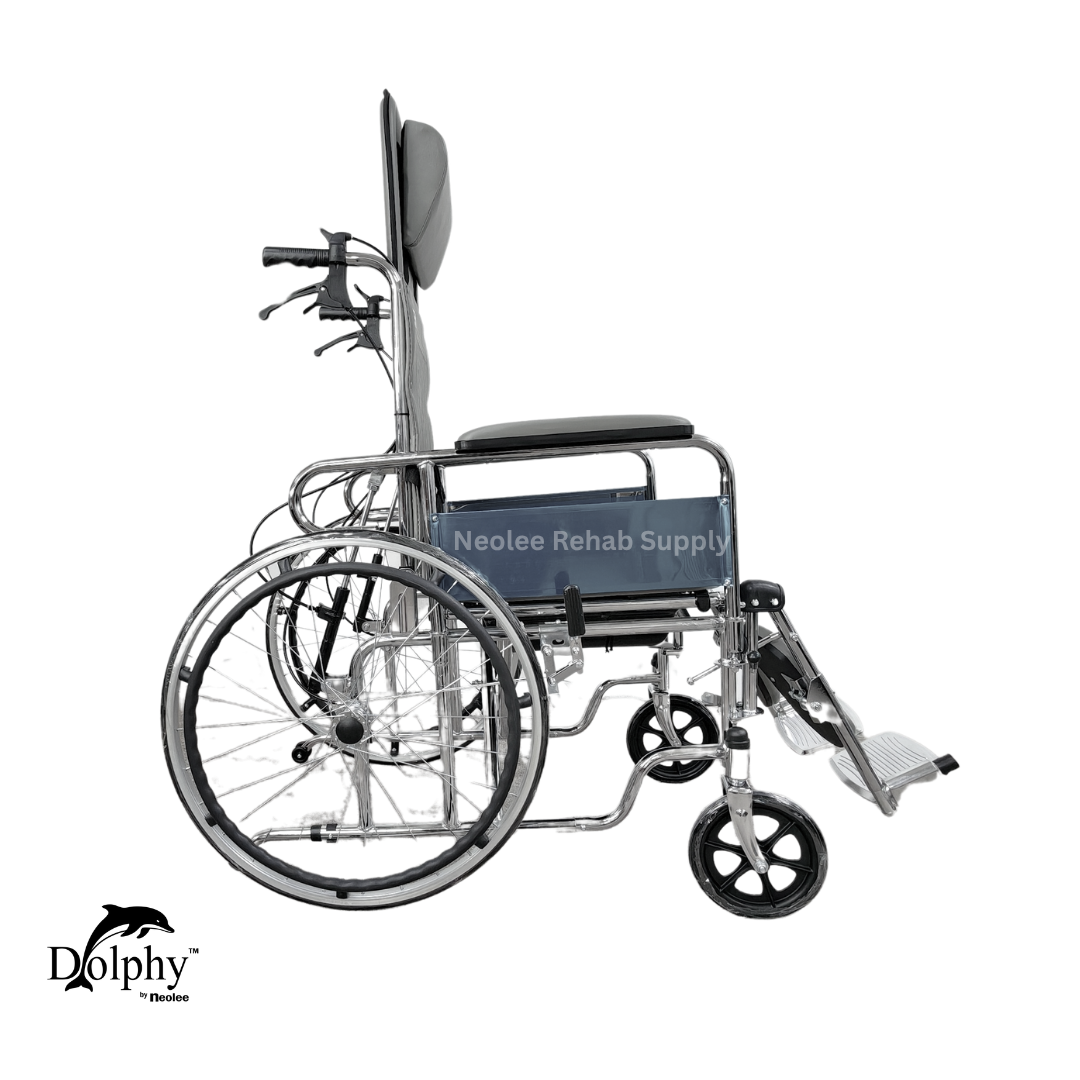 Clean side perspective product image of the Dolphy reclining commode wheelchair featuring its reclining backrest, padded supports, commode functionality, and silver wheelchair frame.