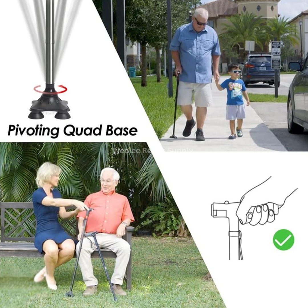 Lifestyle collage showing the Elderly Crutch Foldable Walking Stick with pivoting quad-base support, designed for stable walking assistance, balance support, and safer mobility indoors and outdoors.