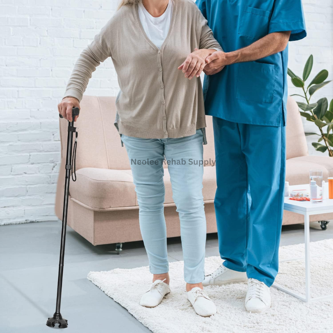 Elderly user walking with assistance while using the foldable quad-base walking stick, demonstrating stable support, balance assistance, and safe daily mobility for seniors.