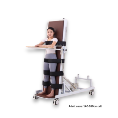 Adult electric rehabilitation tilt table with padded support cushions, adjustable straps, and lockable caster wheels designed for standing therapy and lower limb rehabilitation.