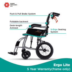 Feature overview of Karma Ergo Lite ultralight wheelchair showing ergonomic seat, foldable backrest, and attendant brake system.
