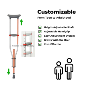 Adjustable foldable shoulder crutches with customizable height settings suitable from teen to adulthood, featuring ergonomic handgrips and easy adjustment system for long-term mobility use.