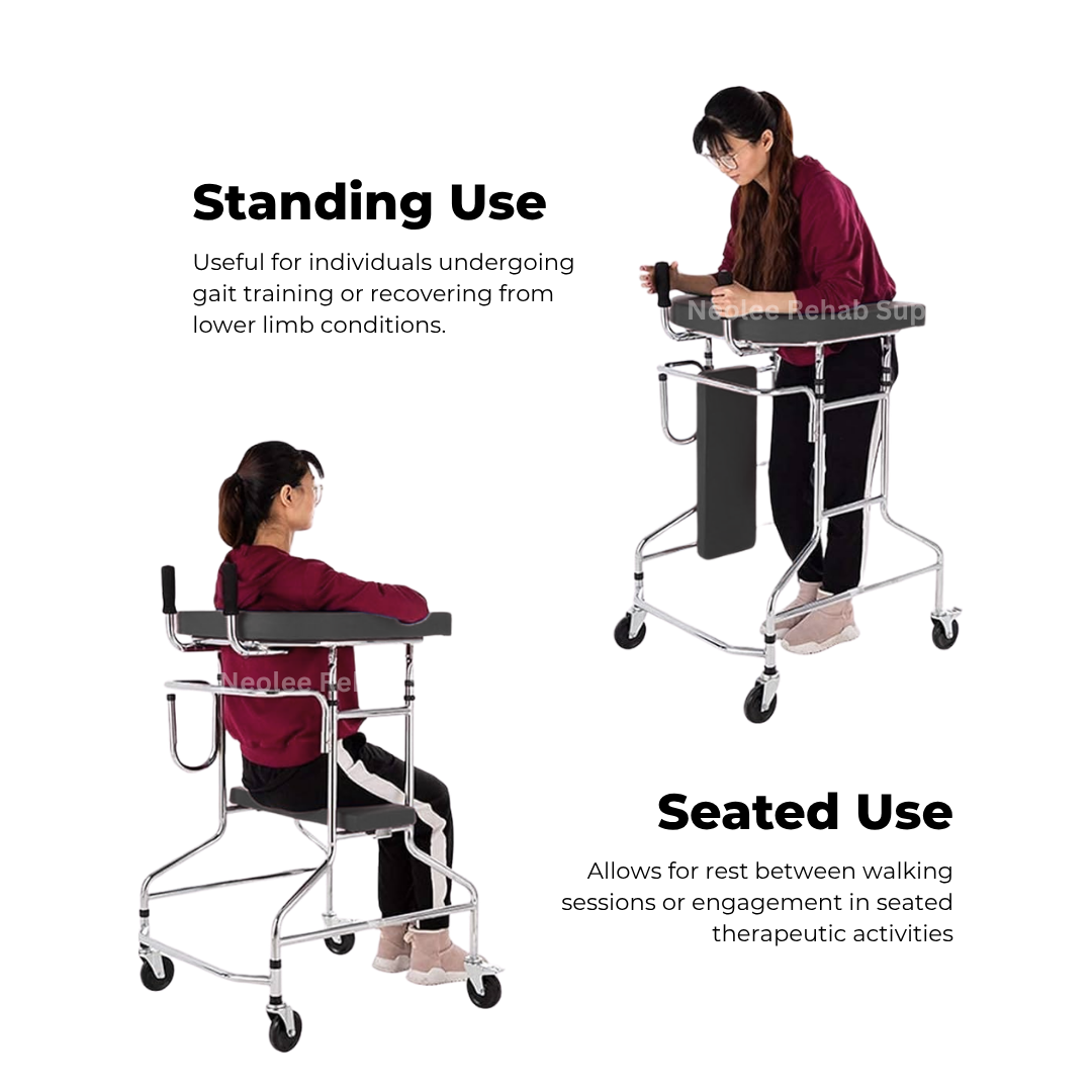 Forearm rollator walker demonstrated in both standing and seated use modes, supporting gait training, rehabilitation exercises, resting, and therapeutic activities for users with lower limb conditions.