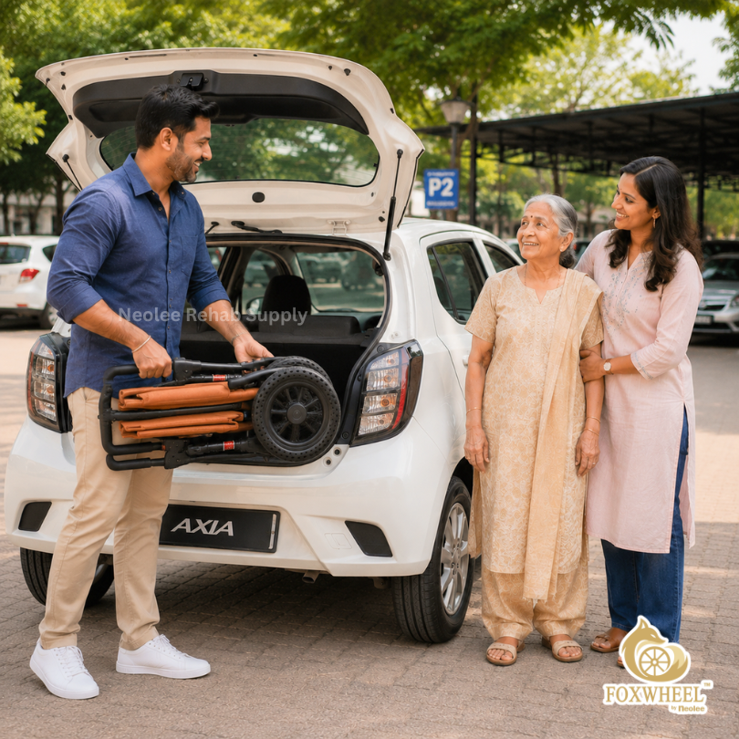 A Malaysian Indian man lifts the compact folded Foxwheel travel wheelchair from the boot of a white Perodua Axia while preparing for a family outing. Nearby, the elderly grandmother and wife stand together smiling in a sunny parking area, highlighting the wheelchair’s lightweight and portable design.