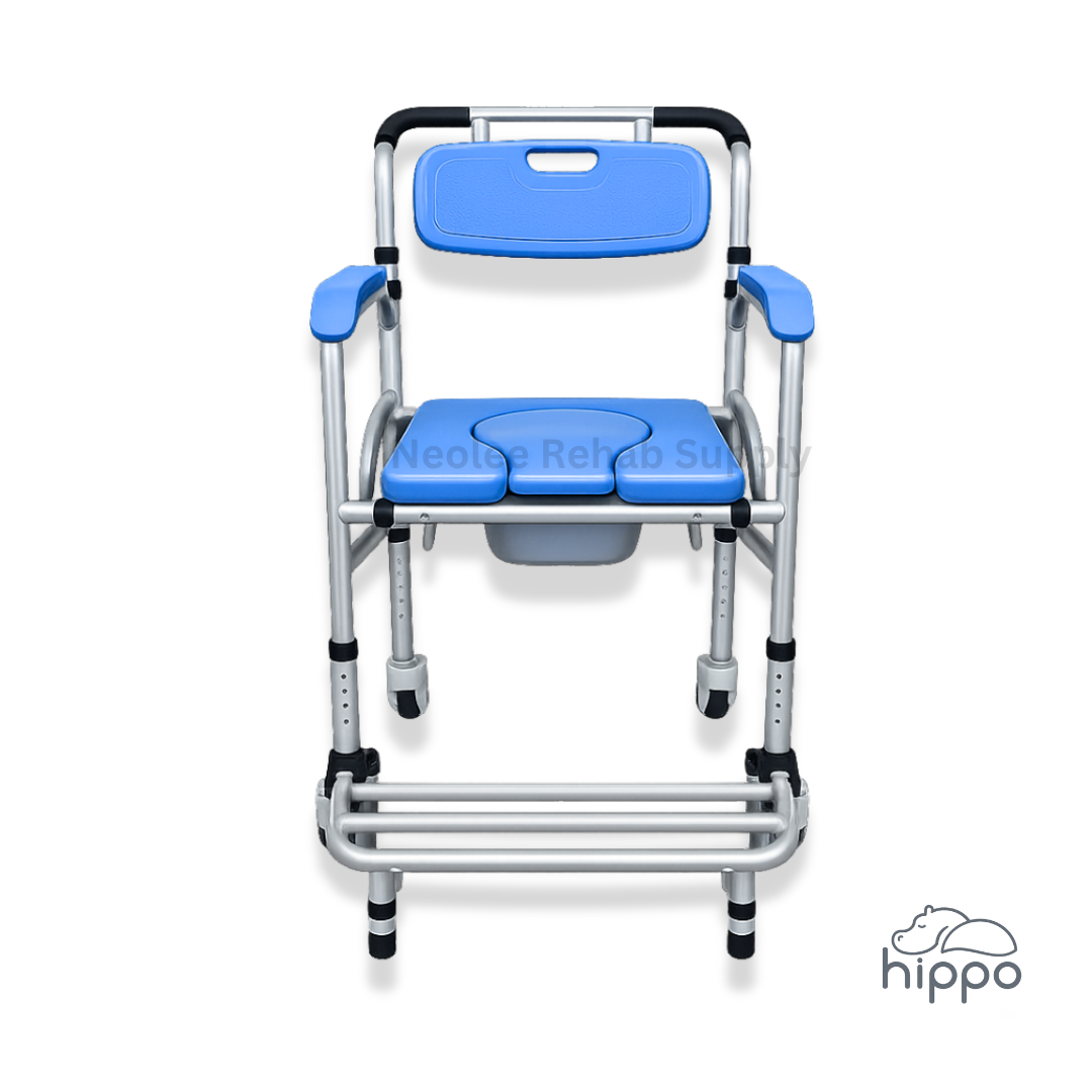 Front view of Hippo commode wheelchair by Neolee featuring ergonomic padded seat, sturdy aluminium frame, armrests, and foldable footrest.