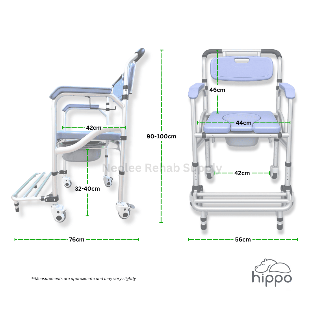 Dimension guide for Hippo commode chair by Neolee showing width, height, and seat measurements for bathroom and bedside use.