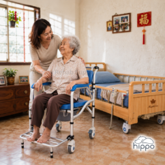 Elderly user seated on Hippo commode chair by Neolee beside a hospital bed, showing home care and patient mobility assistance.