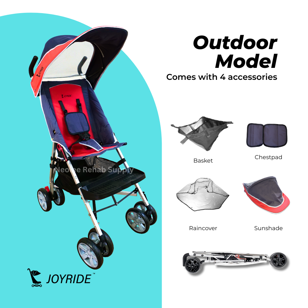 Joyride CP Stroller outdoor model with included accessories such as basket, chest pads, raincover, sunshade, and stroller base frame.