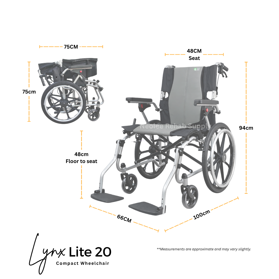 Technical measurement diagram of the Lynx Lite 20 lightweight wheelchair showing overall dimensions, seat size, wheel proportions, and compact frame structure.