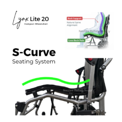 Close-up side profile of the Lynx Lite 20 wheelchair highlighting its S-curve seating structure, reclining support, and lightweight frame design.