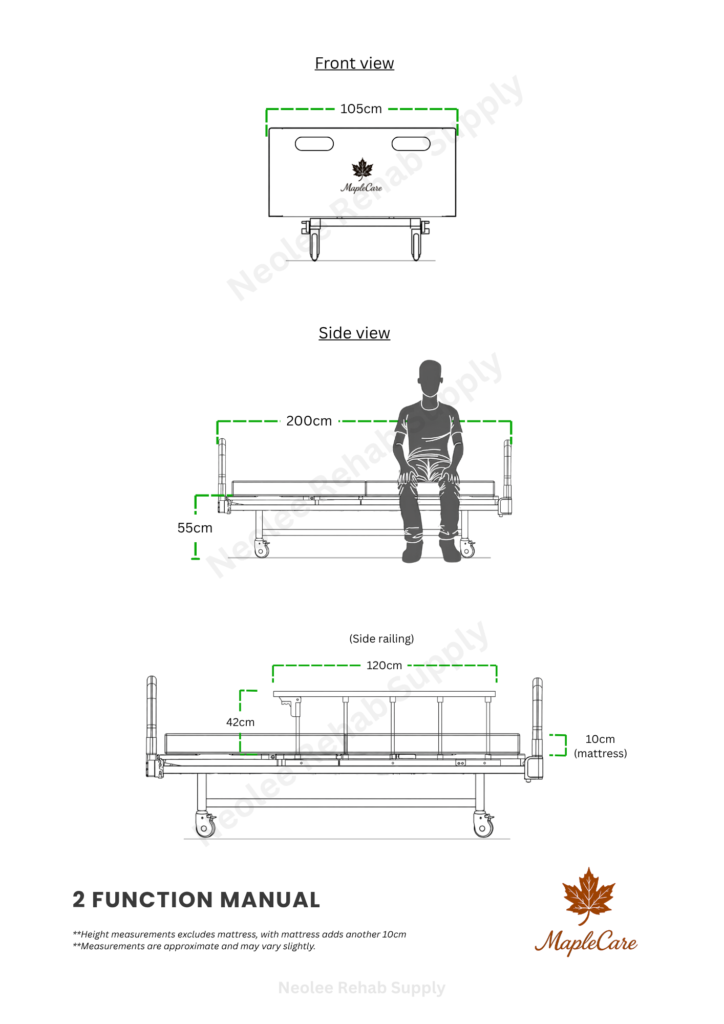 MapleCare 2-function manual homecare bed dimensions and specifications with adjustable head, knee elevation for patient care