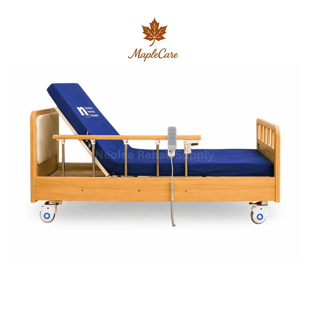 MapleCare 3-function electric homecare bed with adjustable backrest, side rails, and remote controller for patient comfort and care