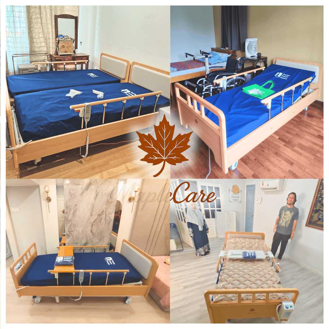 MapleCare 3-function electric homecare bed home delivery to customers. Wood frame matching with home environment
