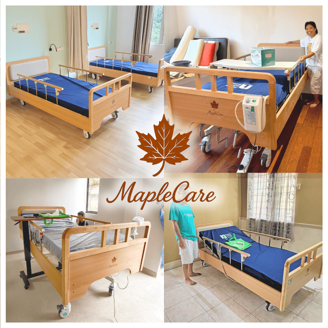 MapleCare 3-function electric homecare bed home delivery to customers. Wood frame matching with home environment