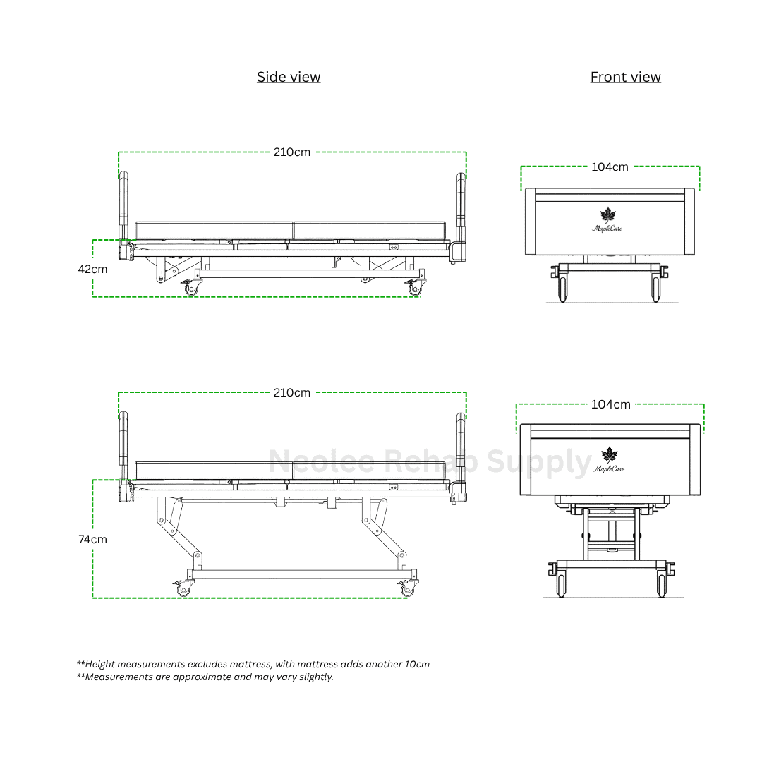 MapleCare 3-function electric homecare bed side dimensions and measurements