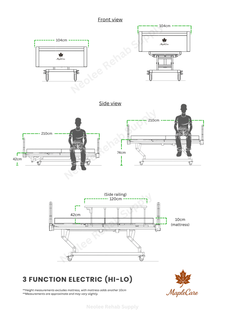 MapleCare 3-function electric homecare bed dimensions and specifications with adjustable head, knee, and height elevation for patient care