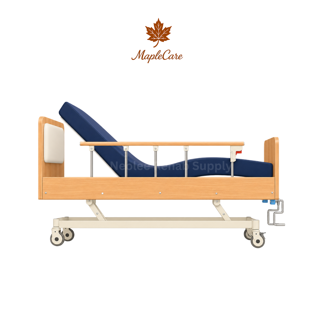 MapleCare 3-function manual homecare bed with adjustable backrest, side rails for patient comfort and care