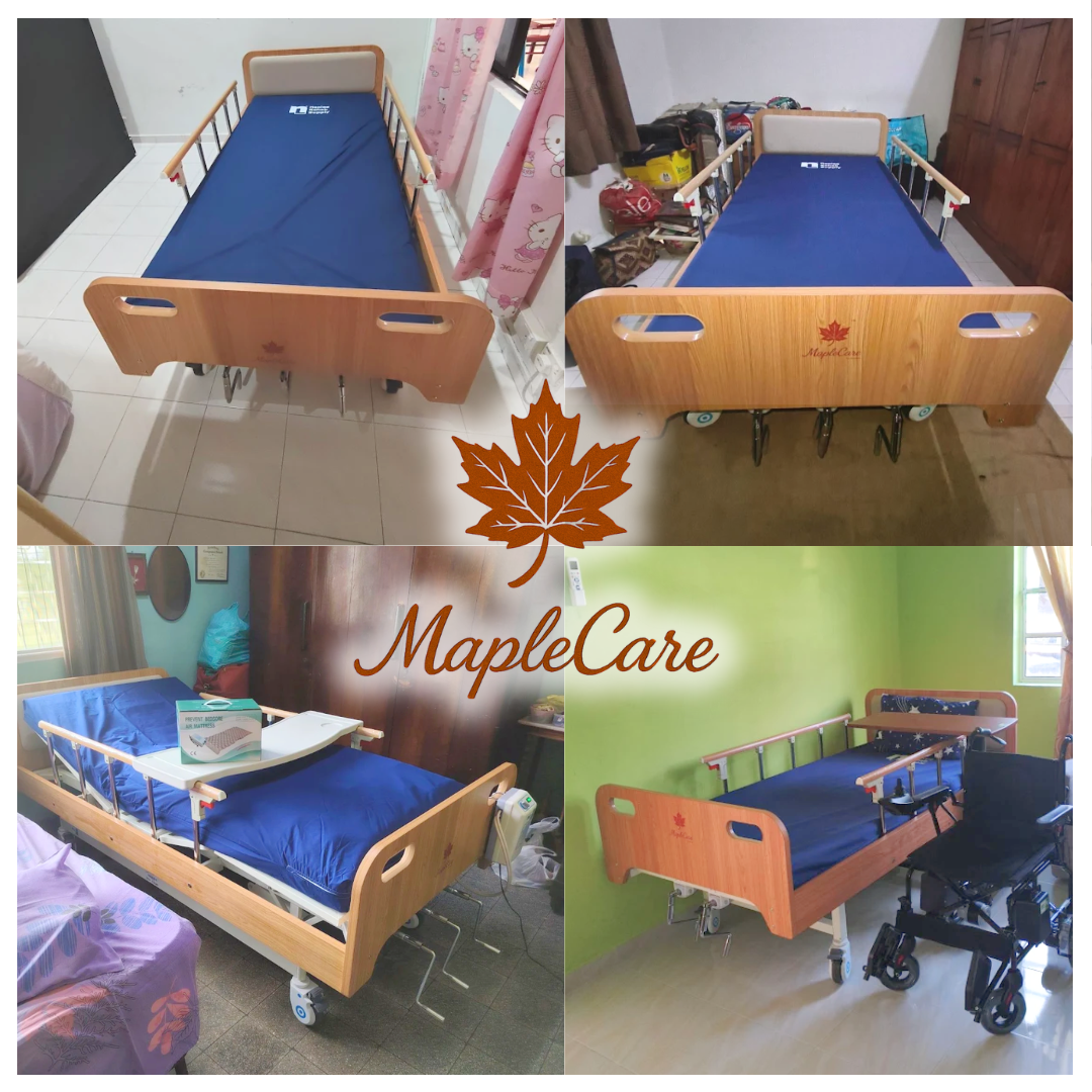 MapleCare 3-function manual homecare bed home delivery to customers. Wood frame matching with home environment