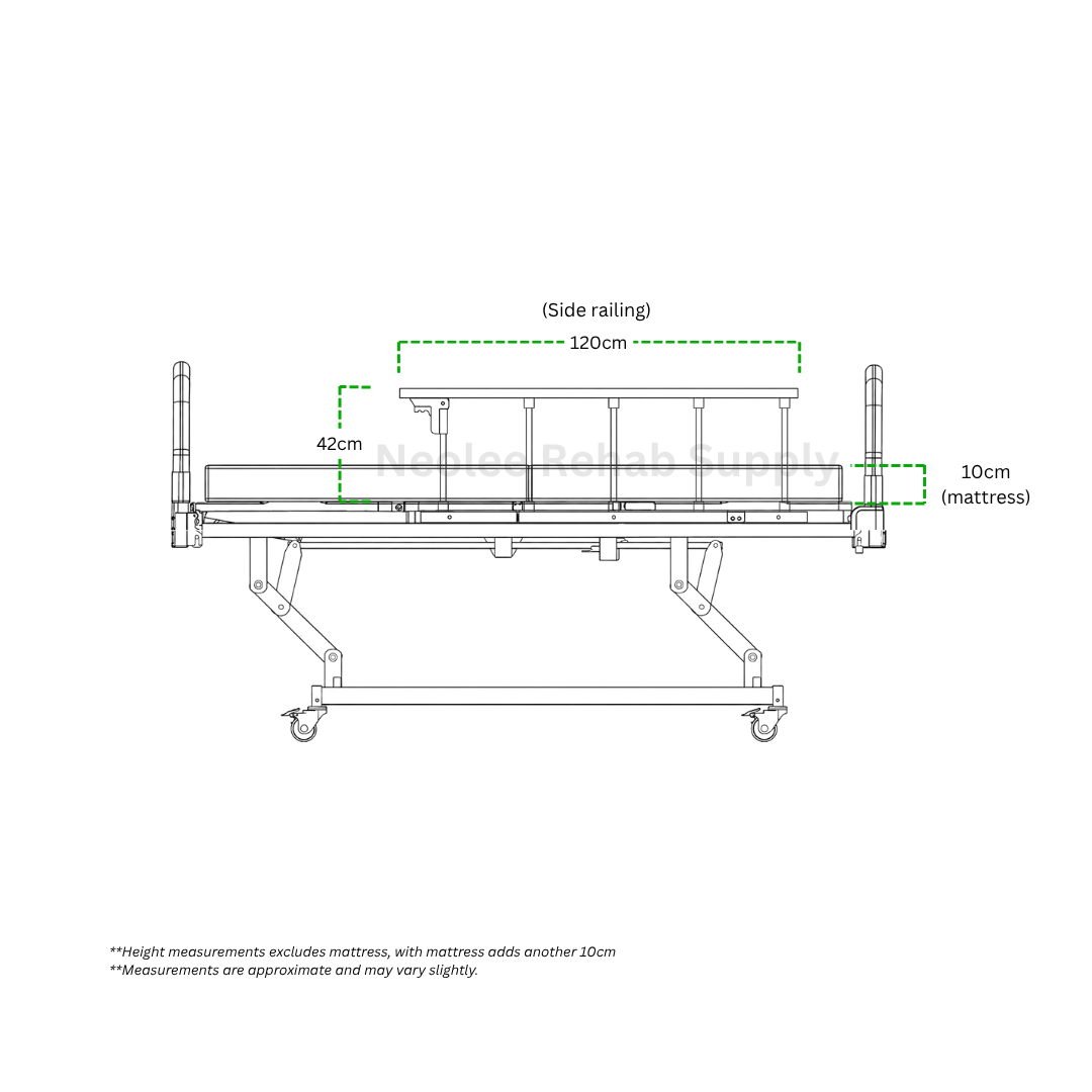 MapleCare 3-function manual homecare bed side dimensions and side railing measurements