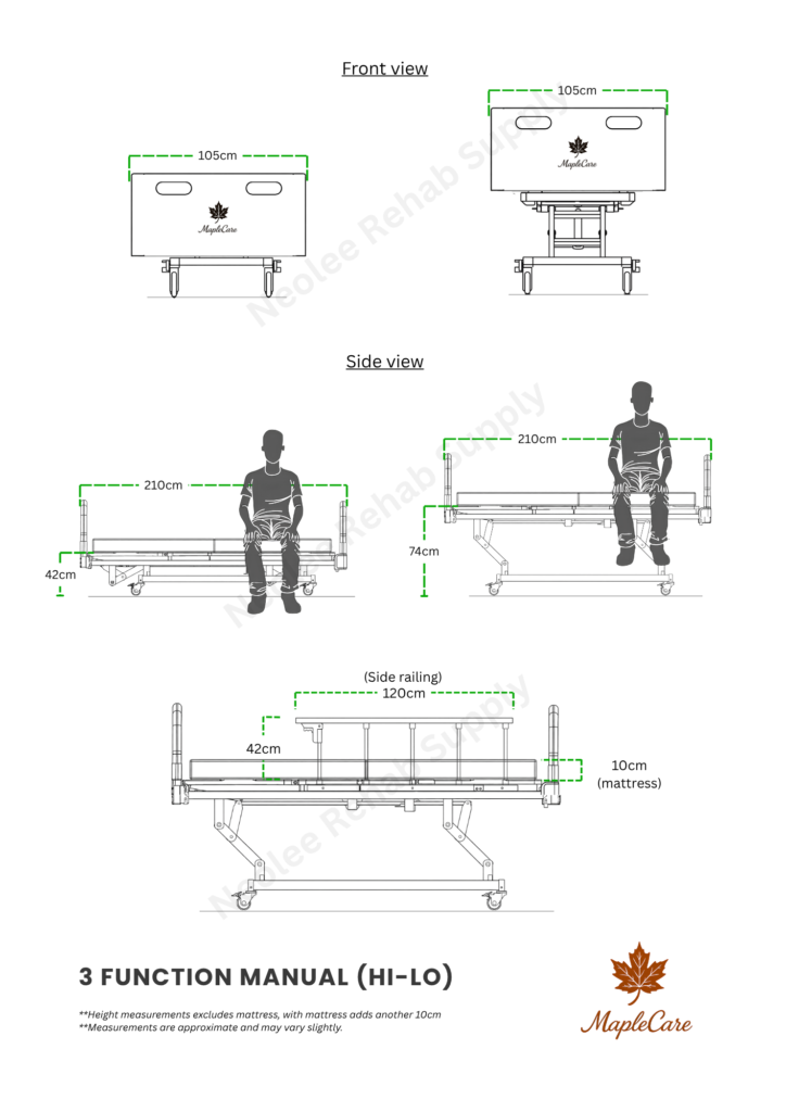 MapleCare 3-function manual homecare bed dimensions and specifications with adjustable head, knee, and height elevation for patient care