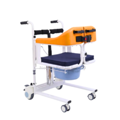 Neo Transfer Chair 3.0 rear three-quarter view showing split backrest, safety buckle, commode bucket and wheeled frame.